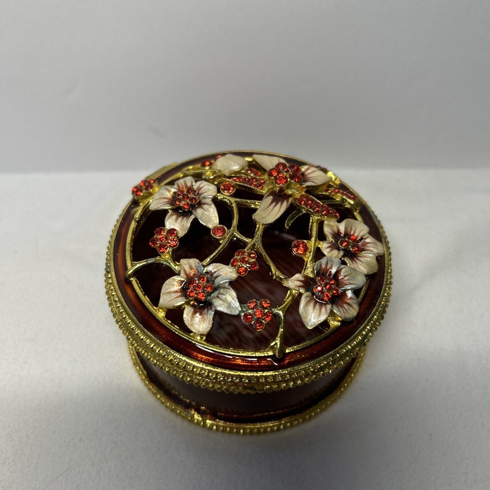 Vintage Enamel Rhinestone Hinged PillBox , Jewelery Holder Red